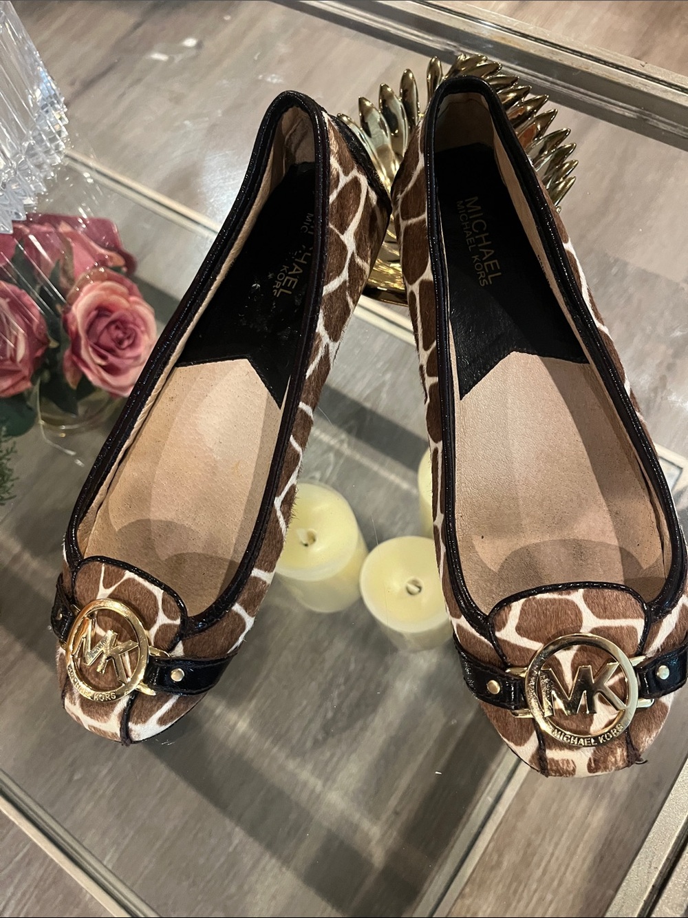 Michael Kors Brown Giraffe-Print Logo Ballet Flats